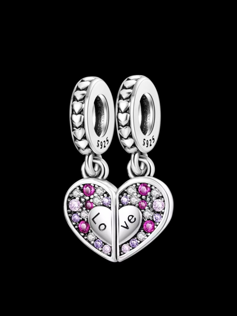 Sterling Silver 'Love' double Heart Dangle Charm - Pink & Purple Mother daughter